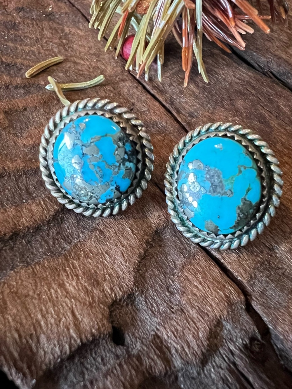 Navajo Joe Tom Earrings Blue Turquoise Pyrite Webbing Grey Punch In Studs